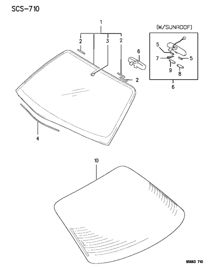 1995 Chrysler Sebring Windshield Glass & Back Glass Diagram