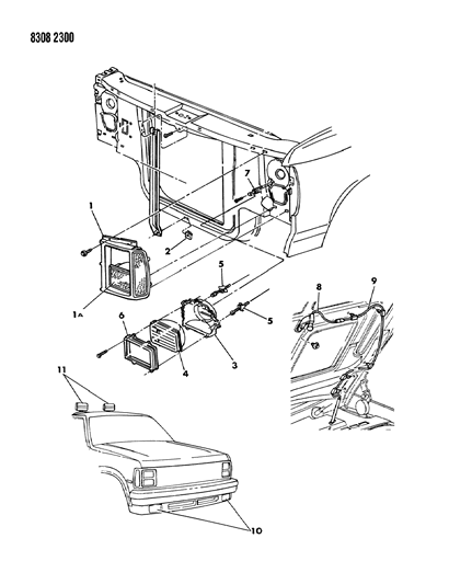 1988 Dodge Dakota Lamps & Wiring (Front End) Diagram