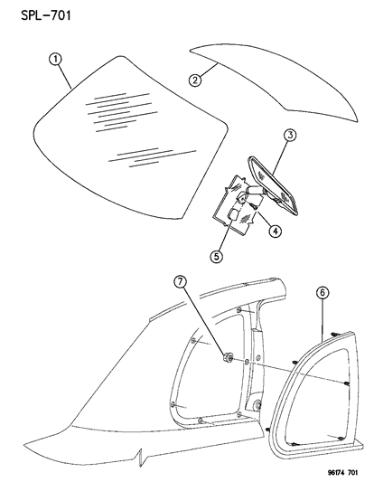 1996 Dodge Neon Windshield, Backlite And Mirror Diagram