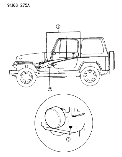 1993 Jeep Wrangler Decals, Bodyside Base Vehicle With Sport Tapes Diagram