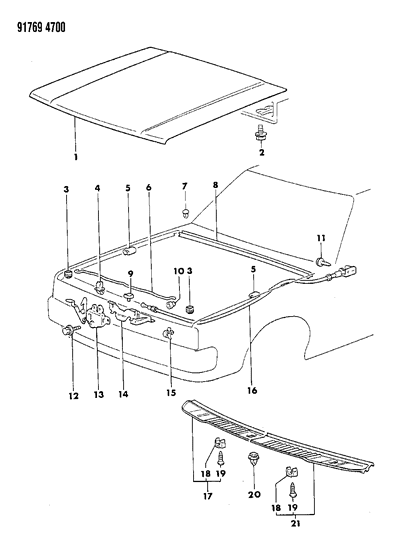 1991 Dodge Ram 50 Hood & Hood Release Diagram