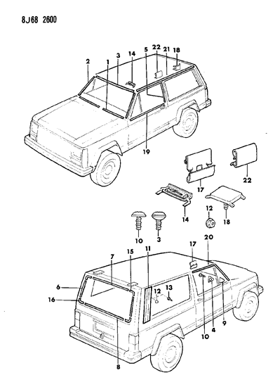 1990 Jeep Cherokee Mouldings, Exterior - Upper Diagram 1