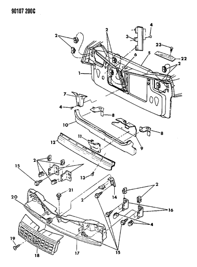 1990 Dodge Shadow Grille & Related Parts Diagram