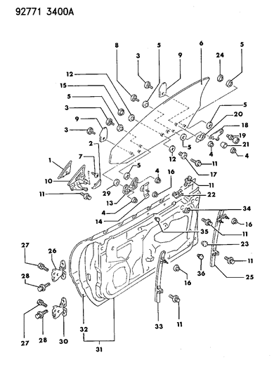 1994 Dodge Stealth Door, Front Shell, Glass And Hinge Diagram