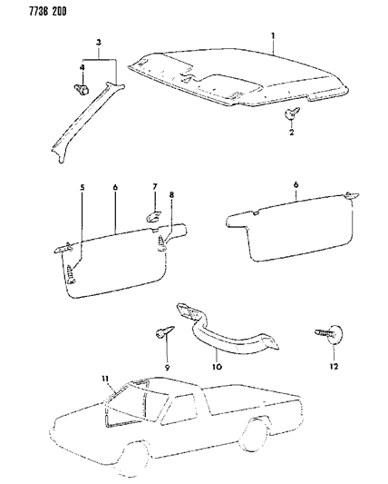 1988 Dodge Ram 50 Headliner, Mouldings, Visor & Assist Strap Diagram 1