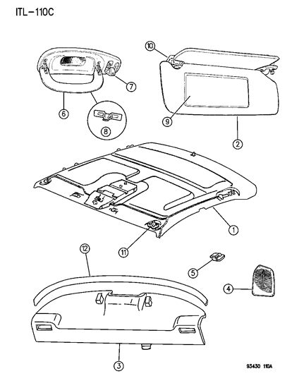 1995 Chrysler New Yorker Headliner, Visors, Assist Straps & Shelf Panel Diagram