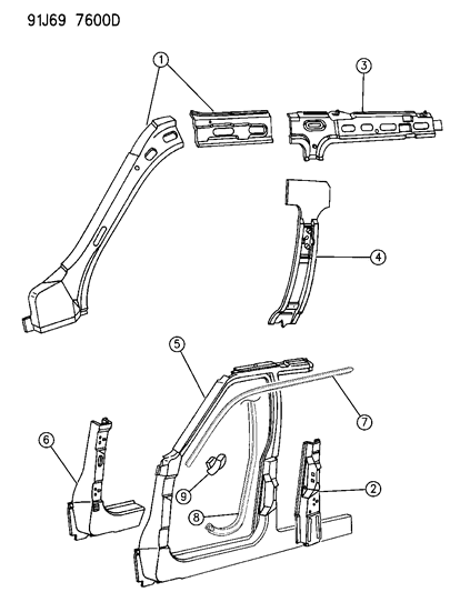 1993 Jeep Grand Cherokee Panels, Body Side Diagram
