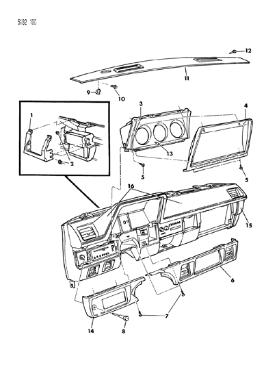 1985 Dodge Omni Instrument Panel Cluster, Bezels & Pad Diagram