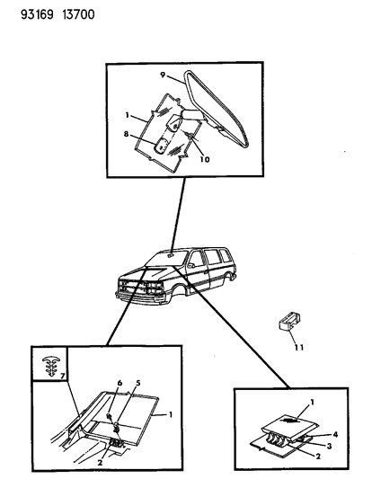1993 Dodge Caravan Glass - Windshield & Mirror Diagram