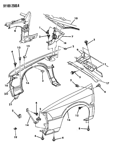 1991 Chrysler LeBaron Sedan Fender & Fender Brace Diagram