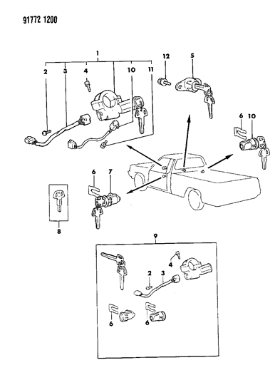 1991 Dodge Ram 50 Lock Cylinders & Keys Diagram