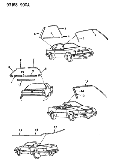 1993 Chrysler LeBaron GTC Mouldings - Windshield & Rear Window Diagram