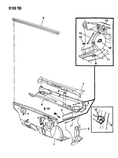 1991 Dodge Shadow Cowl & Dash Panel Diagram