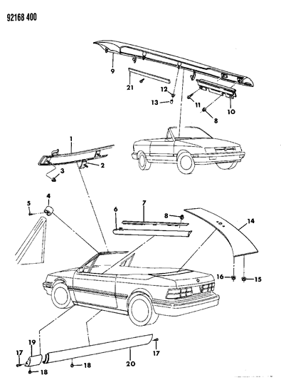 1992 Dodge Shadow Mouldings - Unique To Convertible Diagram