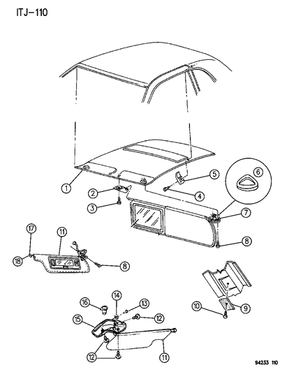 1994 Chrysler LeBaron GTC Headliner & Visor Diagram