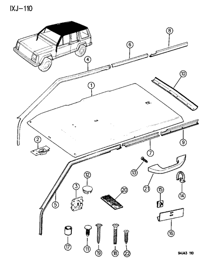 1994 Jeep Cherokee Headliner & Upper Trim Mouldings Diagram