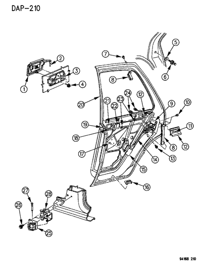 1994 Dodge Shadow Door - Rear Shell - Handle - Controls Diagram