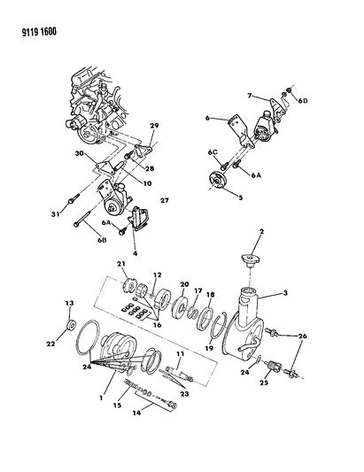 1989 Chrysler Fifth Avenue Power Steering Pump, Pulley, Brackets Diagram