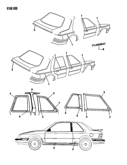 1989 Dodge Shadow Tape Stripes & Decals - Exterior View Diagram