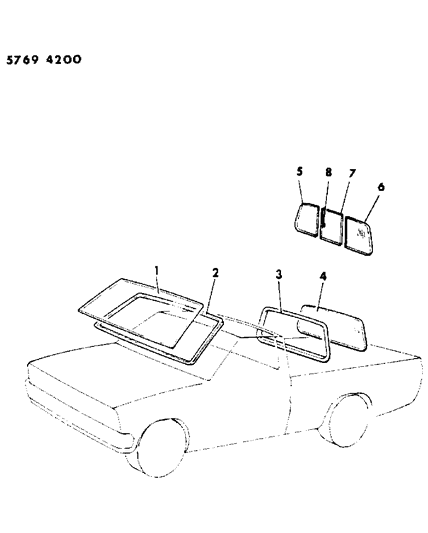 1986 Dodge Ram 50 Glass, Windshield & Backlite Diagram