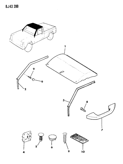 1990 Jeep Comanche Headlining & Upper Trim Mouldings Diagram