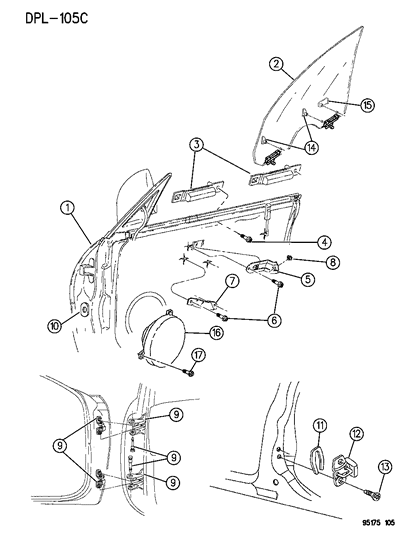 1995 Dodge Neon Door, Front Shell, Glass And Hinge Diagram 1