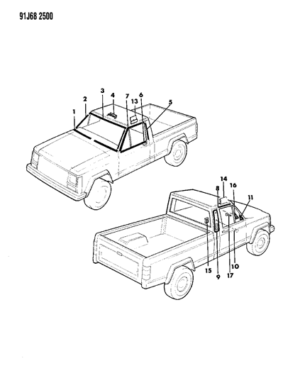 1991 Jeep Comanche Mouldings, Exterior - Upper Diagram