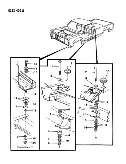 1986 Dodge D150 Body Hold Down & Front End Mounting Diagram