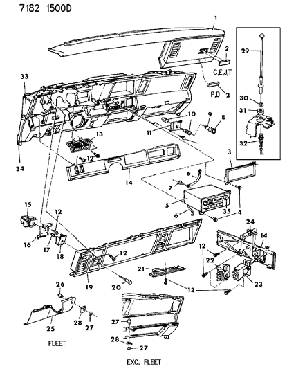 1987 Chrysler Town & Country Instrument Panel Pad, Bezels, Radio & Antenna Diagram