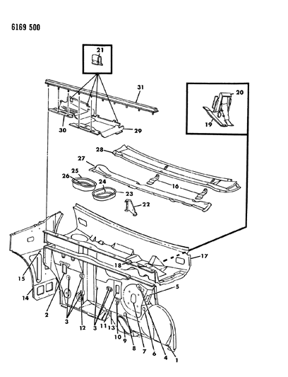 1986 Dodge Omni Cowl & Dash Panel Diagram