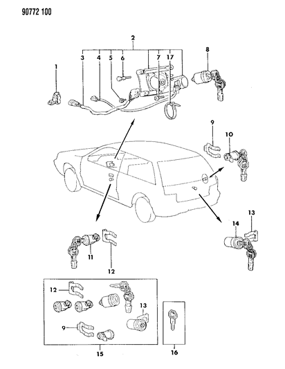 1990 Dodge Colt Lock Cylinder & Keys Diagram