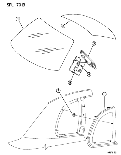 1995 Dodge Neon Windshield, Backlite And Mirror Diagram