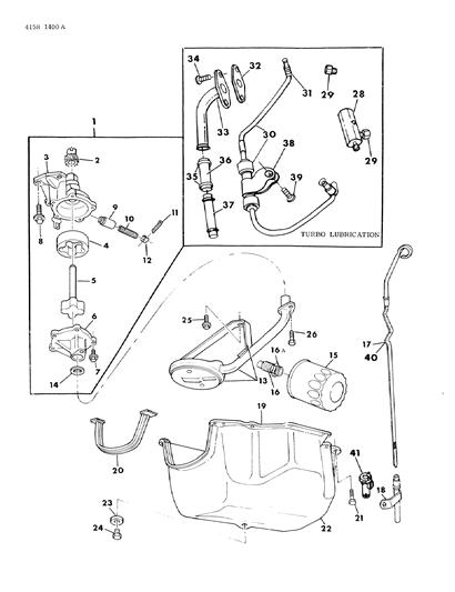 1984 Dodge Omni Oil Pump, Oil Pan, Oil Level Indicator, Oil Filter, Turbocharger Lubrication Diagram