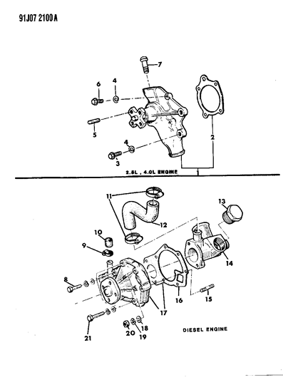 1991 Jeep Comanche Water Pump & Related Parts Diagram