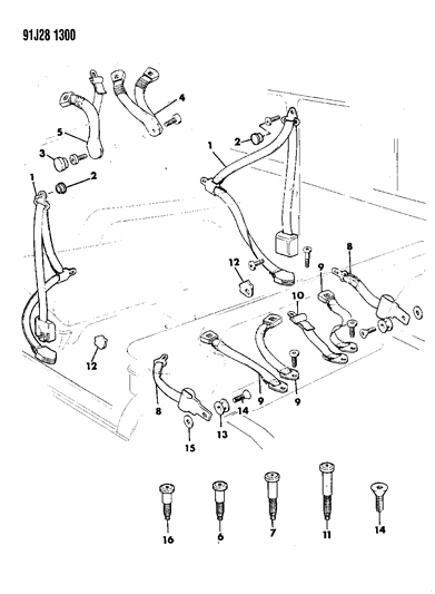 1991 Jeep Grand Wagoneer Seat Belts, Front & Rear Diagram