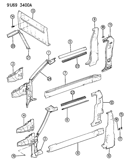 1991 Jeep Comanche Panels, Body Side And Rear Diagram