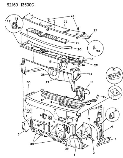 1992 Dodge Caravan Cowl & Dash Panel Diagram