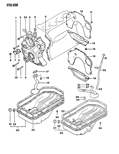 1989 Dodge Ram 50 Oil Pan & Timing Cover Diagram