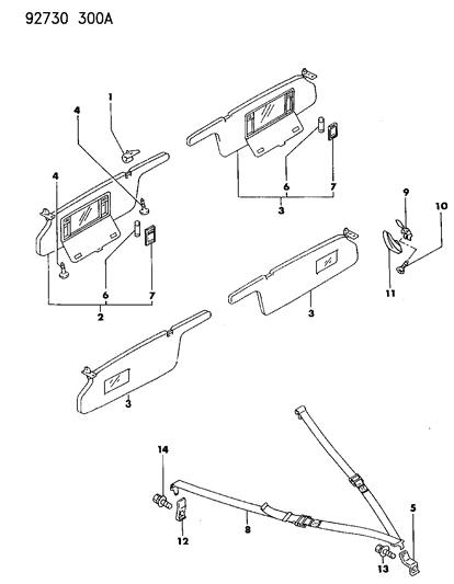 1992 Dodge Stealth Sunvisors & Parcel Strap Diagram