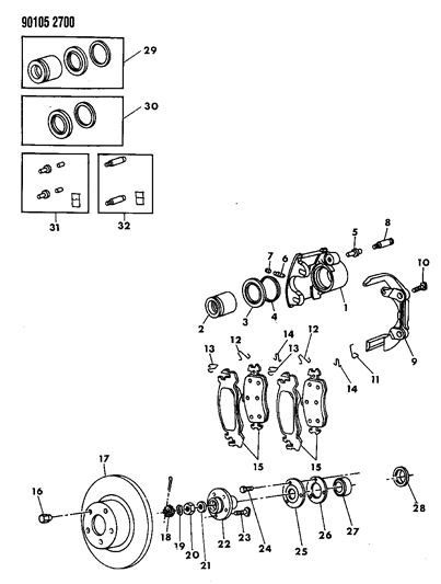 1990 Chrysler LeBaron Sedan Brakes, Front Diagram
