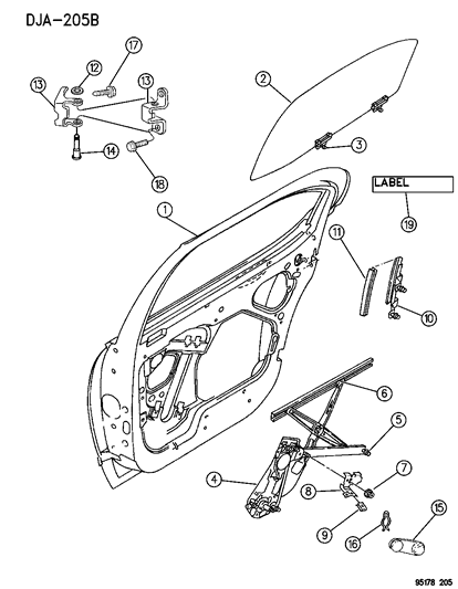 1995 Dodge Stratus Door, Rear Shell, Hinge, Glass & Regulator Diagram