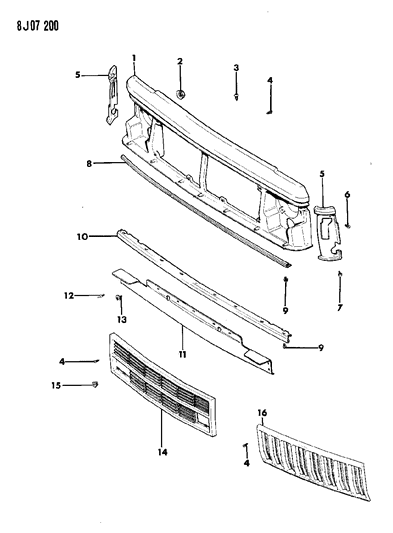 1987 Jeep Comanche Grille & Related Parts Diagram