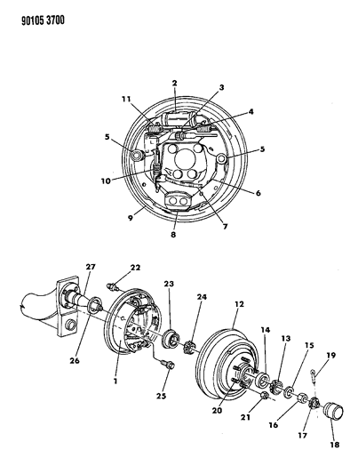 1990 Dodge Shadow Brakes, Rear Drum Diagram