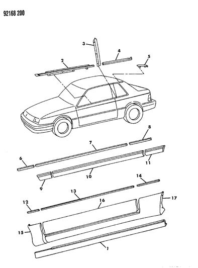 1992 Dodge Shadow Mouldings & Ornamentation Diagram 1