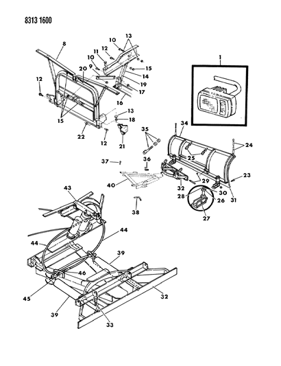 1988 Dodge D150 Plow, Snow And Attaching Service Parts Diagram