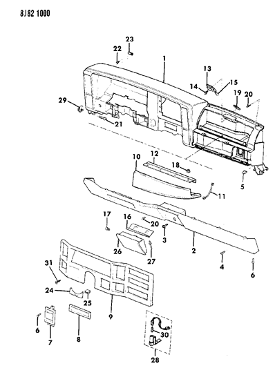 1989 Jeep Comanche Instrument Panel Pad & Bezels Diagram