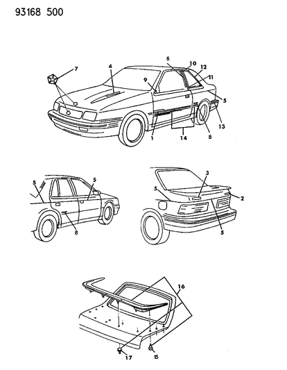 1993 Dodge Shadow Tapestries, Decals, Nameplates And Rear Spoiler Diagram