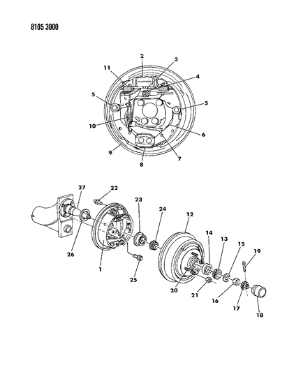 1988 Dodge Shadow Brakes, Rear Drum Diagram