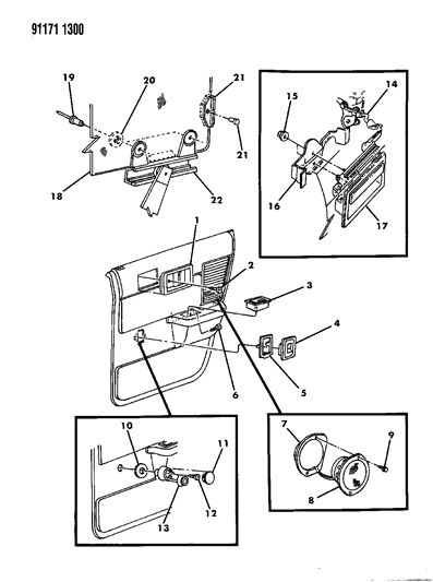 1991 Dodge Spirit Door, Rear Glass, Handles & Speaker Diagram