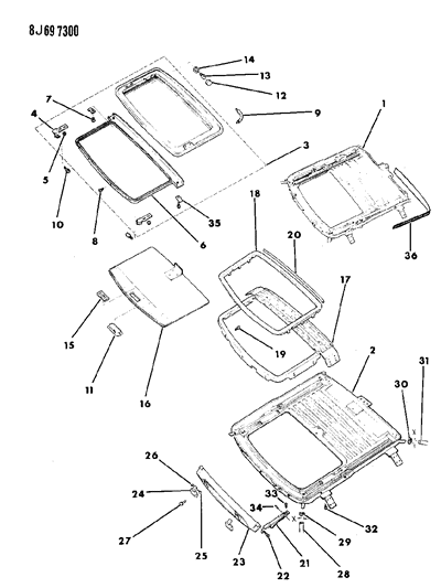 1990 Jeep Grand Wagoneer Sunroof - Sliding Glass & Housing Diagram